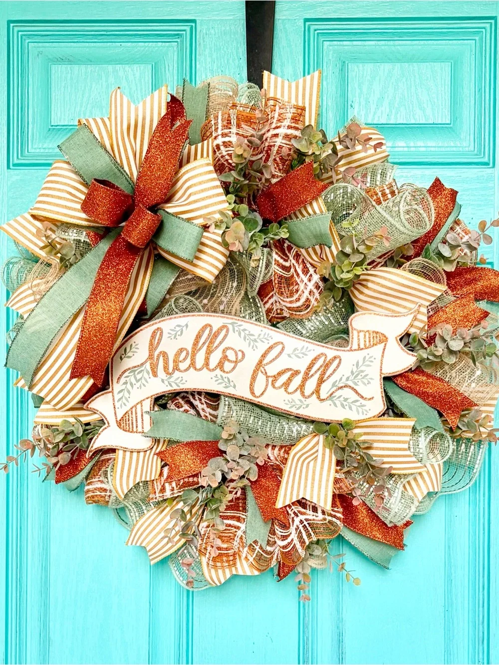 Hello Fall Decorative Wreath – Orange and Green Autumn Door Accent